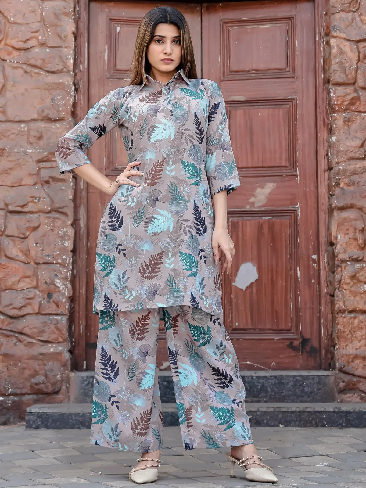 Beautiful Grey Digital Printed Cotton Top Palazzo Co-Ord Set