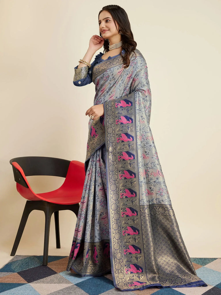 Enchanting Grey Zari Weaving Banarasi Silk Function Wear Saree