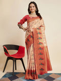 Magnetic Peach Zari Weaving Banarasi Silk Festival Wear Saree
