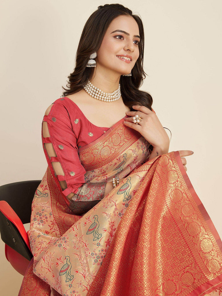 Magnetic Peach Zari Weaving Banarasi Silk Festival Wear Saree