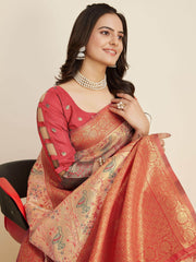 Magnetic Peach Zari Weaving Banarasi Silk Festival Wear Saree