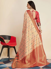 Magnetic Peach Zari Weaving Banarasi Silk Festival Wear Saree