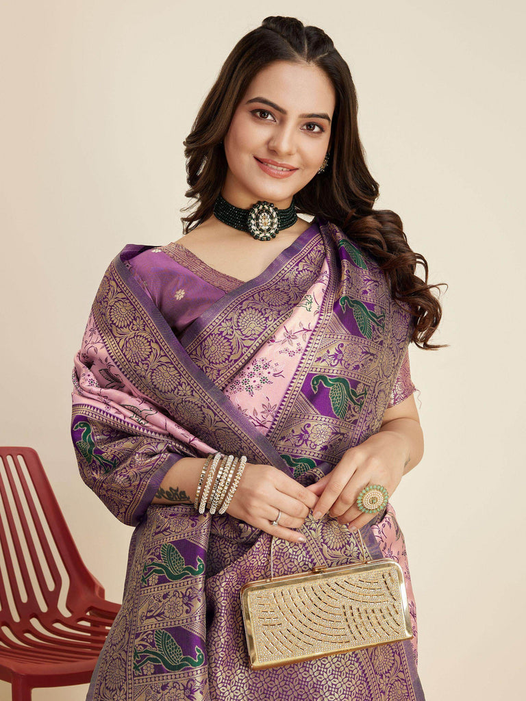 Glamorous Pink Zari Weaving Banarasi Silk Traditional Saree With Blouse