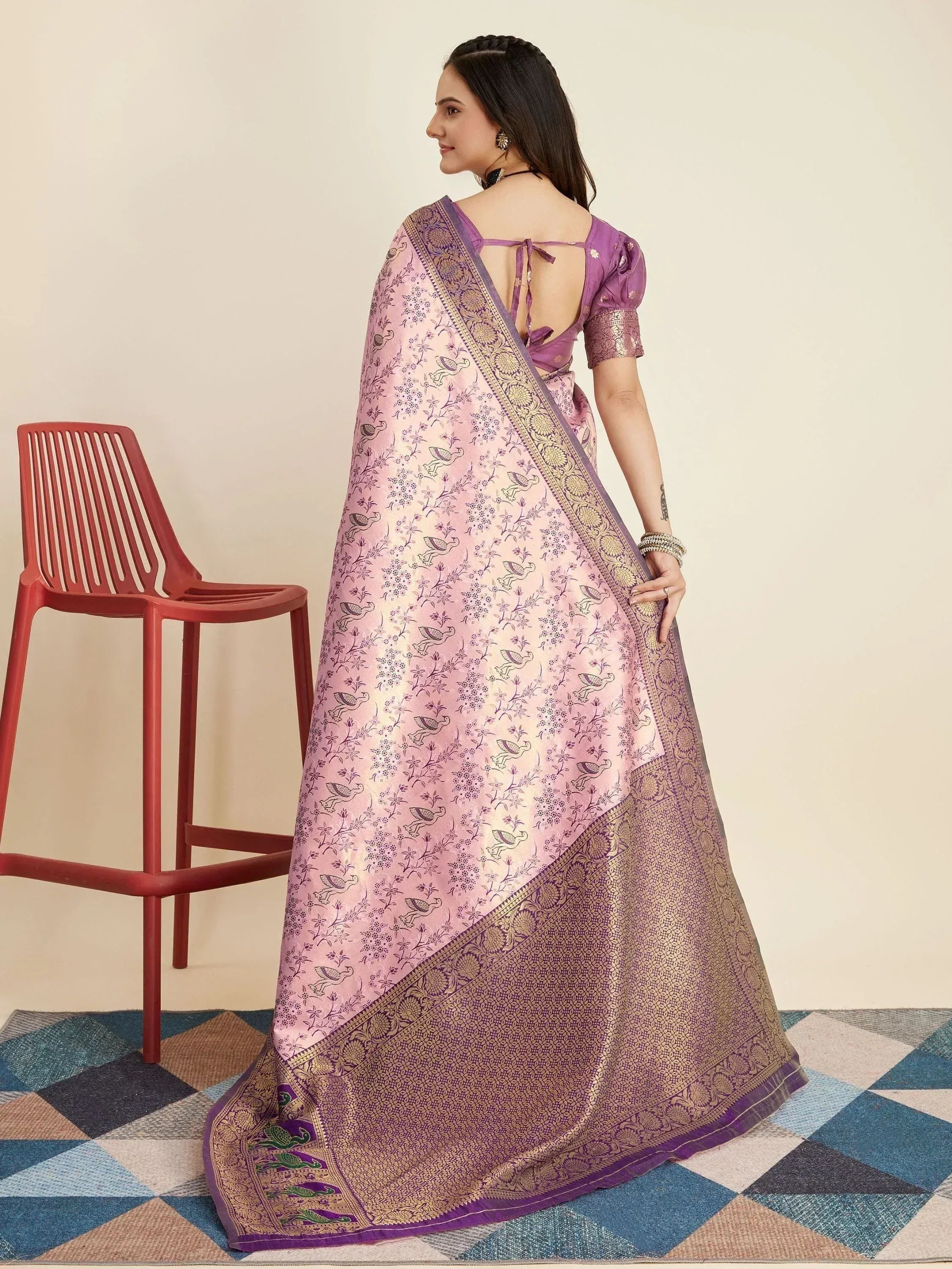 Pink and purple saree with bird and floral print, gold border, backless blouse, ethnic wear