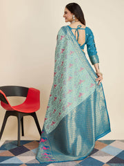 Charming Sky-Blue Zari Weaving Banarasi Silk Saree With Blouse