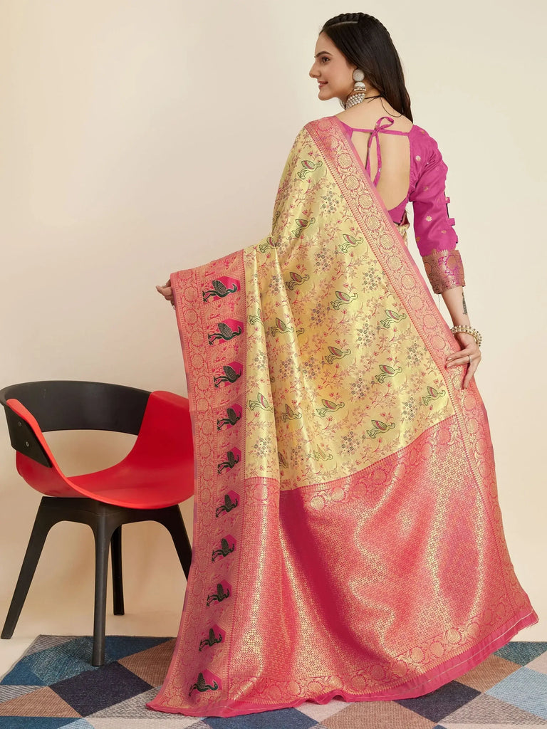 Captivating Beige Zari Weaving Banarasi Silk Festival Wear Saree