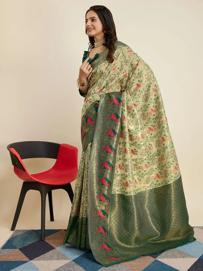 Beautiful Pista Green Zari Weaving Banarasi Silk Traditional Saree
