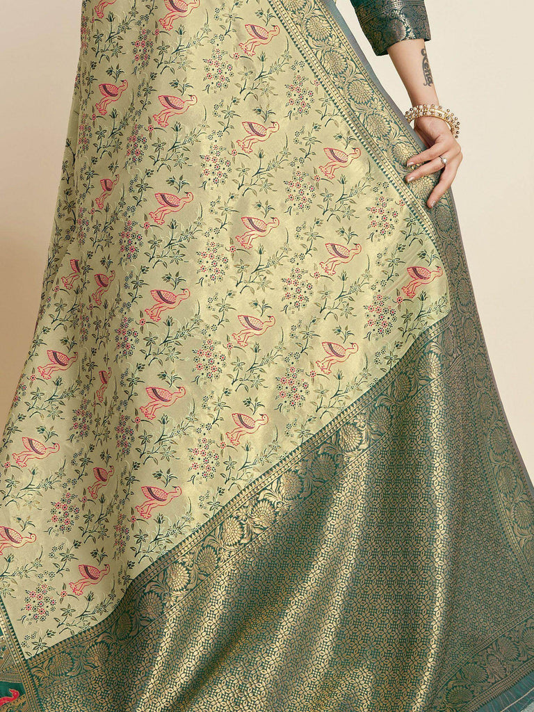 Beautiful Pista Green Zari Weaving Banarasi Silk Traditional Saree