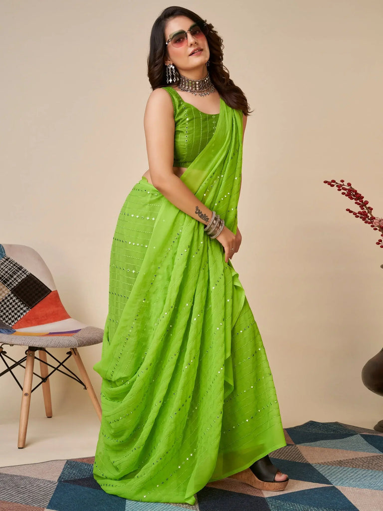 Bewitching Green Sequins Georgette Mehendi Wear Saree With Blouse