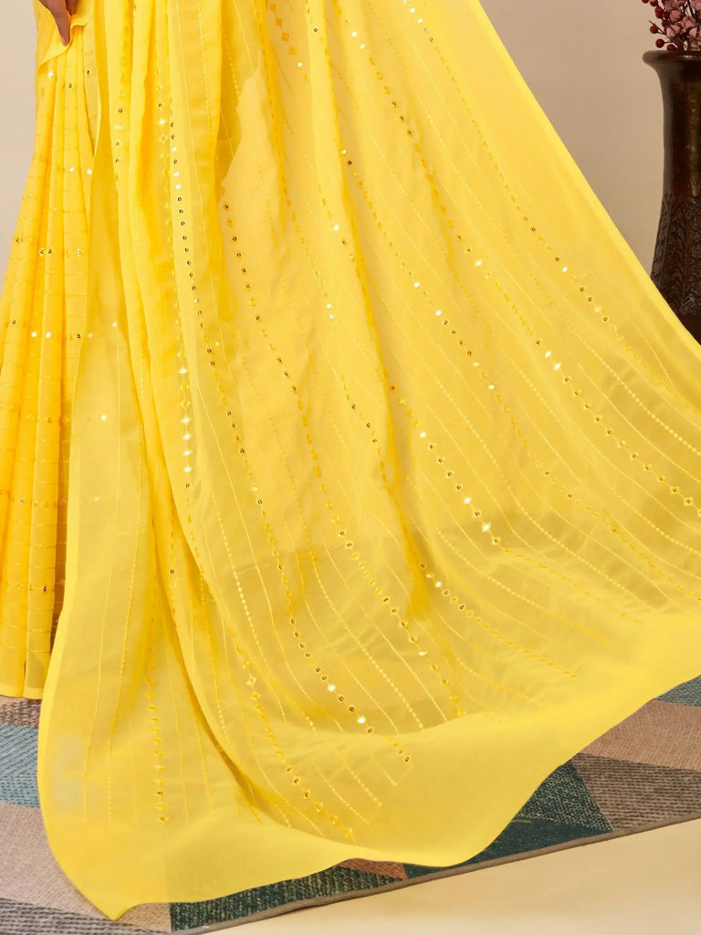 Charming Yellow Sequins Georgette Haldi Wear Saree With Blouse