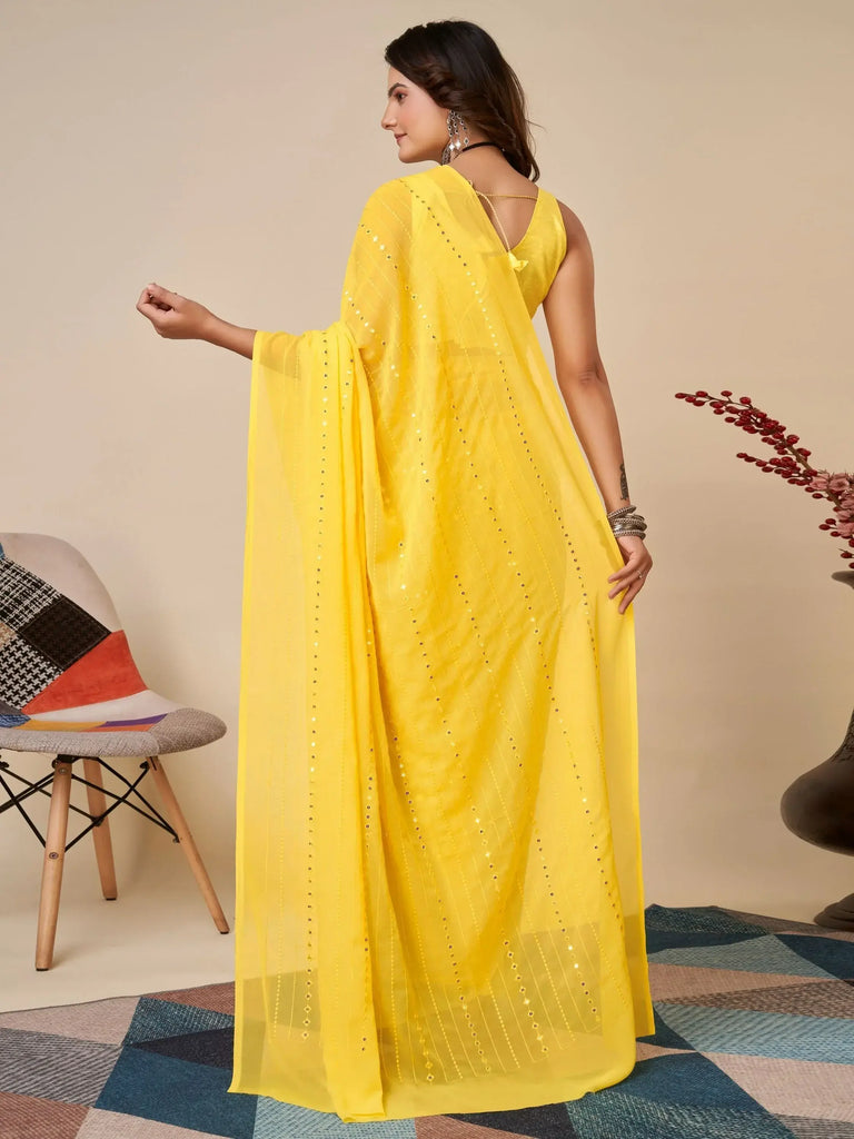 Charming Yellow Sequins Georgette Haldi Wear Saree With Blouse