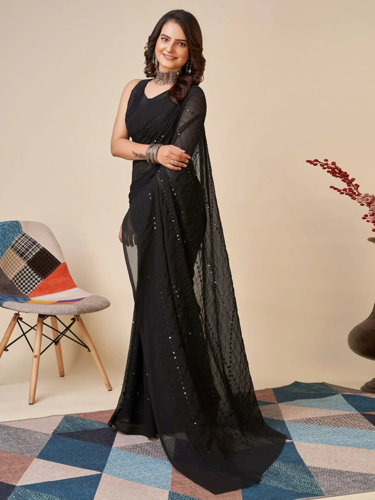 Glamorous Black Sequins Georgette Party Wear Saree With Blouse