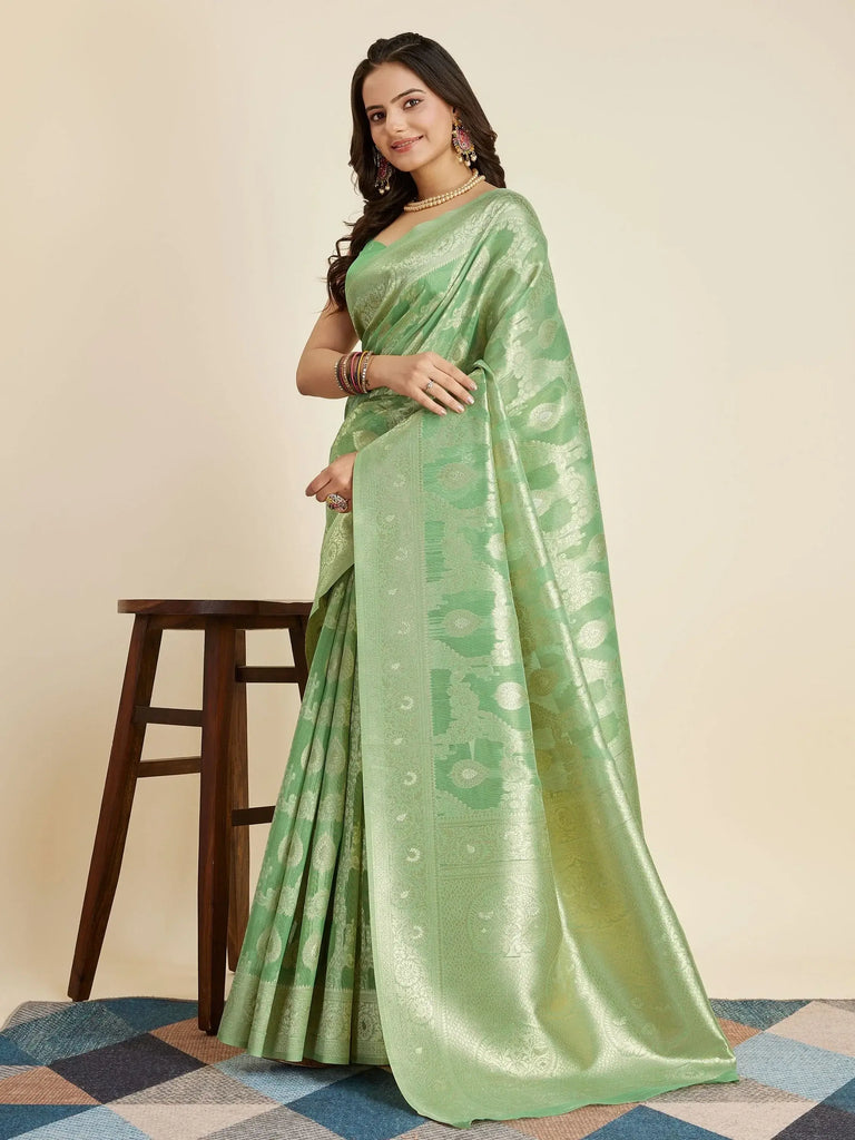 Captivating Green Zari Weaving Banarasi Silk Function Wear Saree