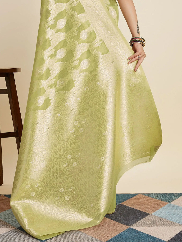 Wonderful Pista Green Zari Weaving Banarasi Silk Saree With Blouse