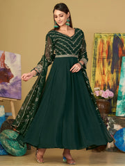Attractive Green Embroidered Georgette Mehendi Wear Anarkali Suit