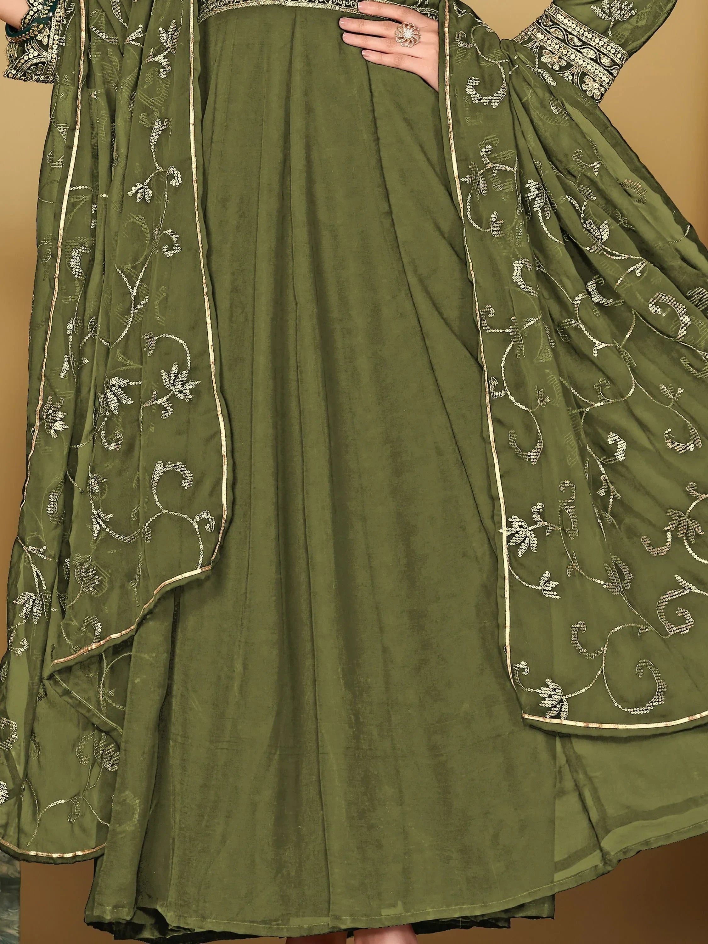 Olive green ethnic gown with silver embroidery and dupatta, traditional Indian wear