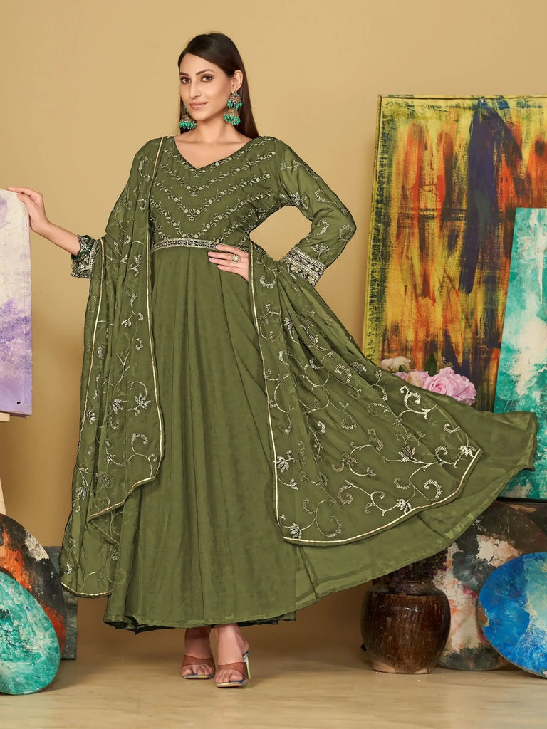 Stunning Light Green Embroidered Georgette Anarkali Suit With Dupatta