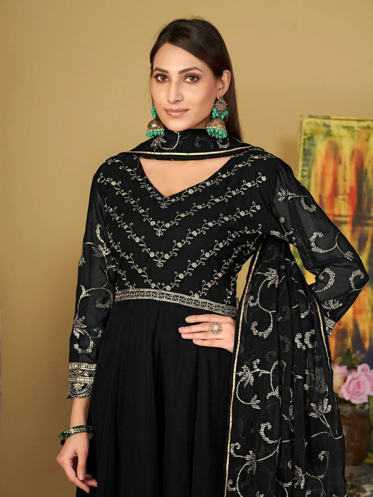 Enchanting Black Embroidered Georgette Reception Wear Anarkali Suit