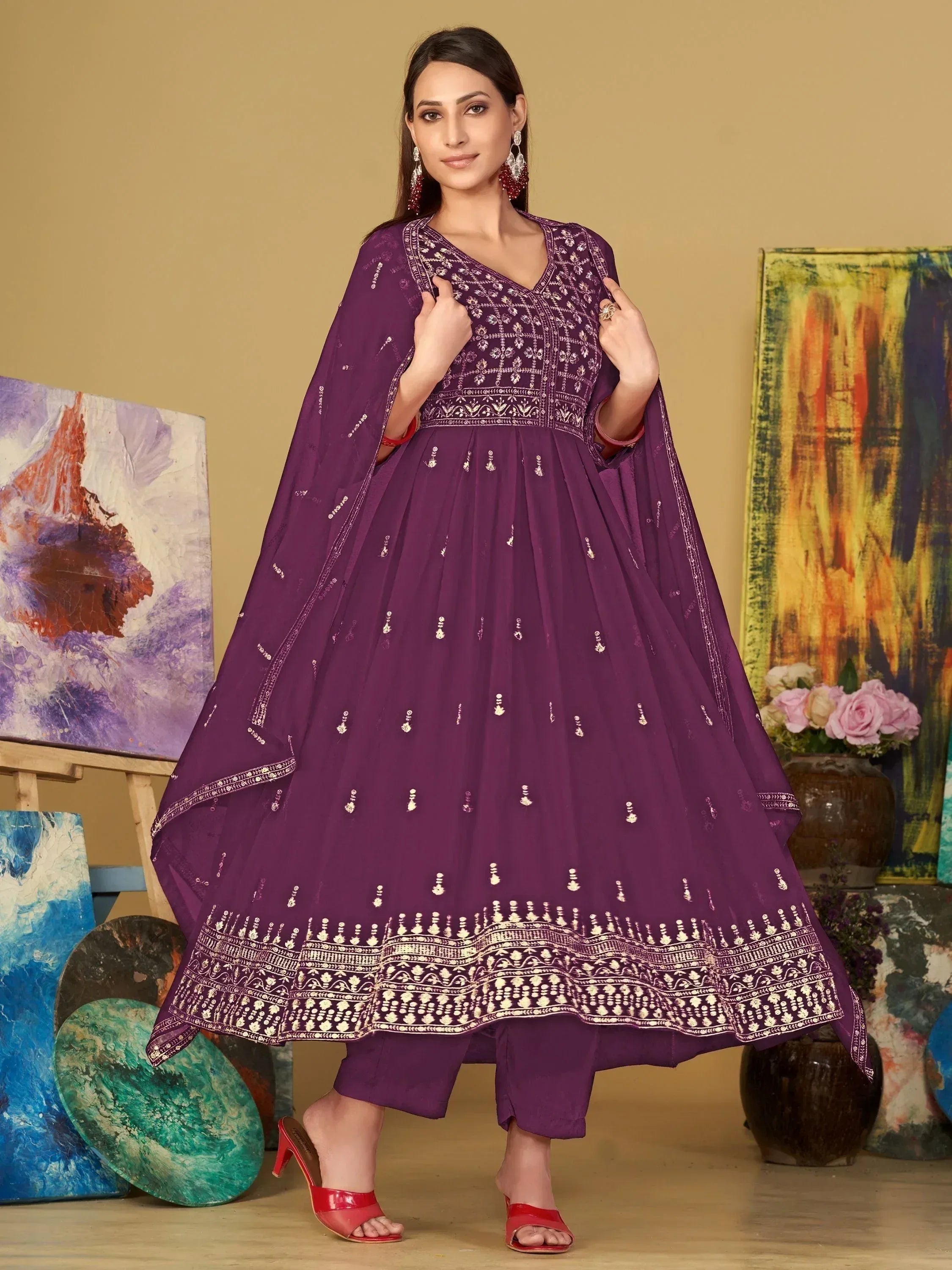 Purple embroidered anarkali suit with palazzo pants, perfect for Indian ethnic wear occasions.