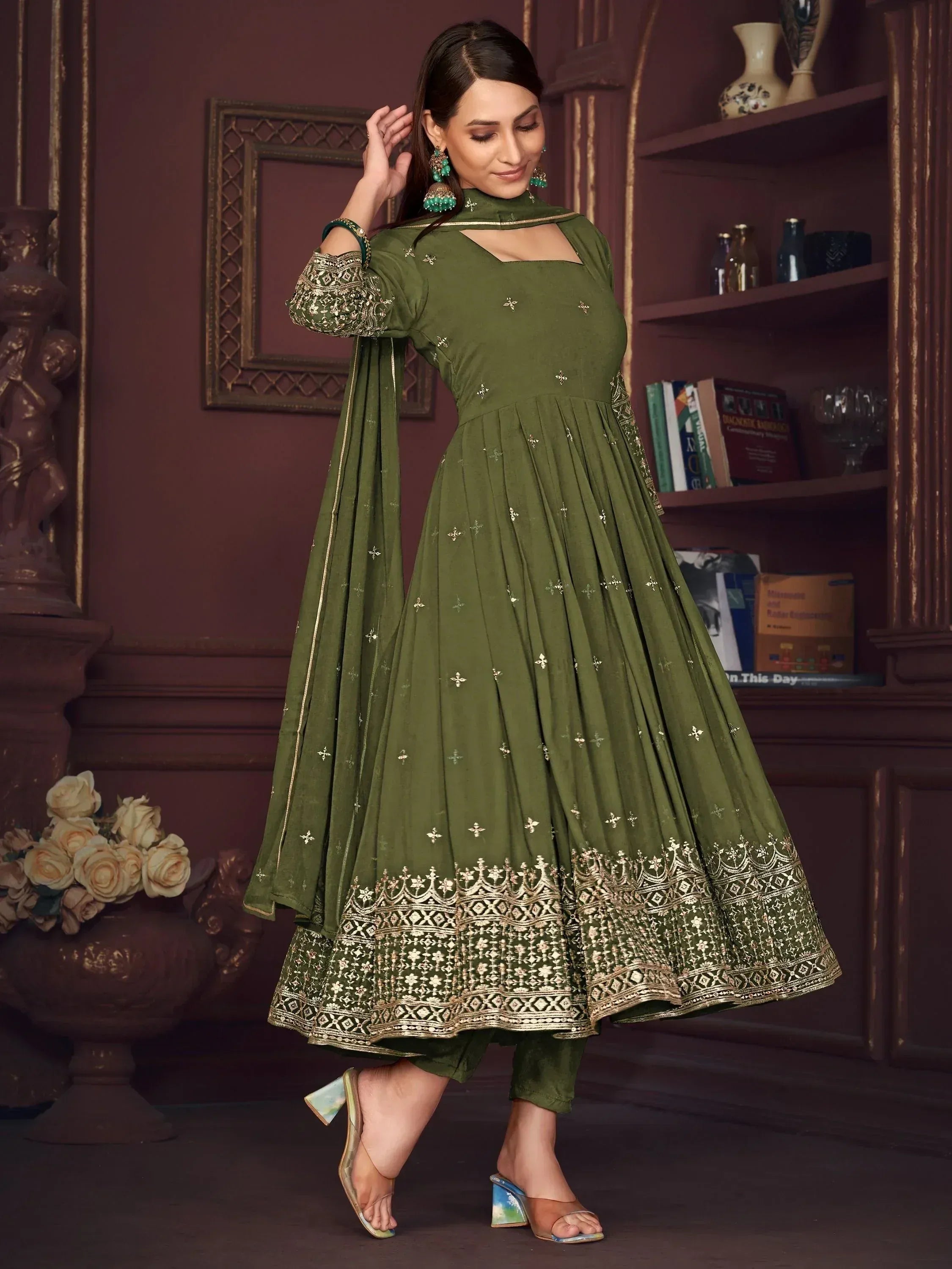 Olive green anarkali suit with gold embroidery, perfect for Indian ethnic wear and festive occasions.