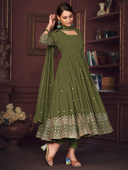 Magnetic Green Embroidered Georgette Mehendi Wear Anarkali Suit