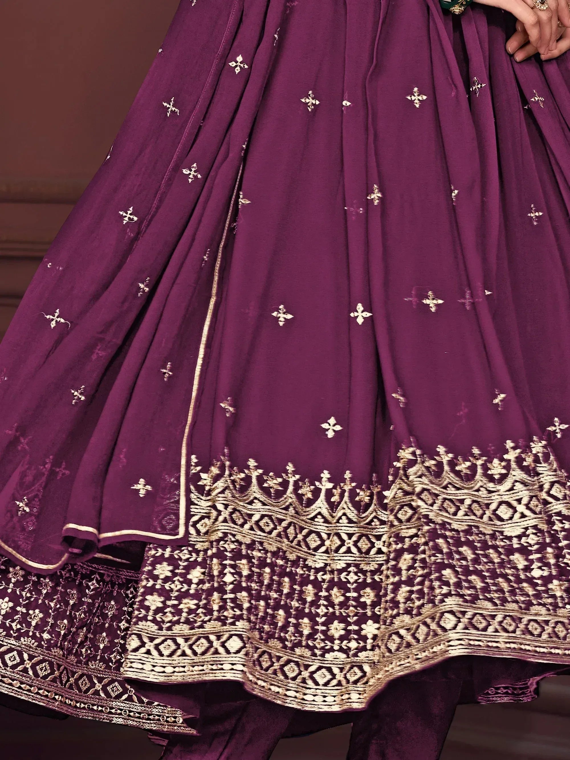 Purple designer lehenga with gold embroidery and floral motifs, ethnic wear for women