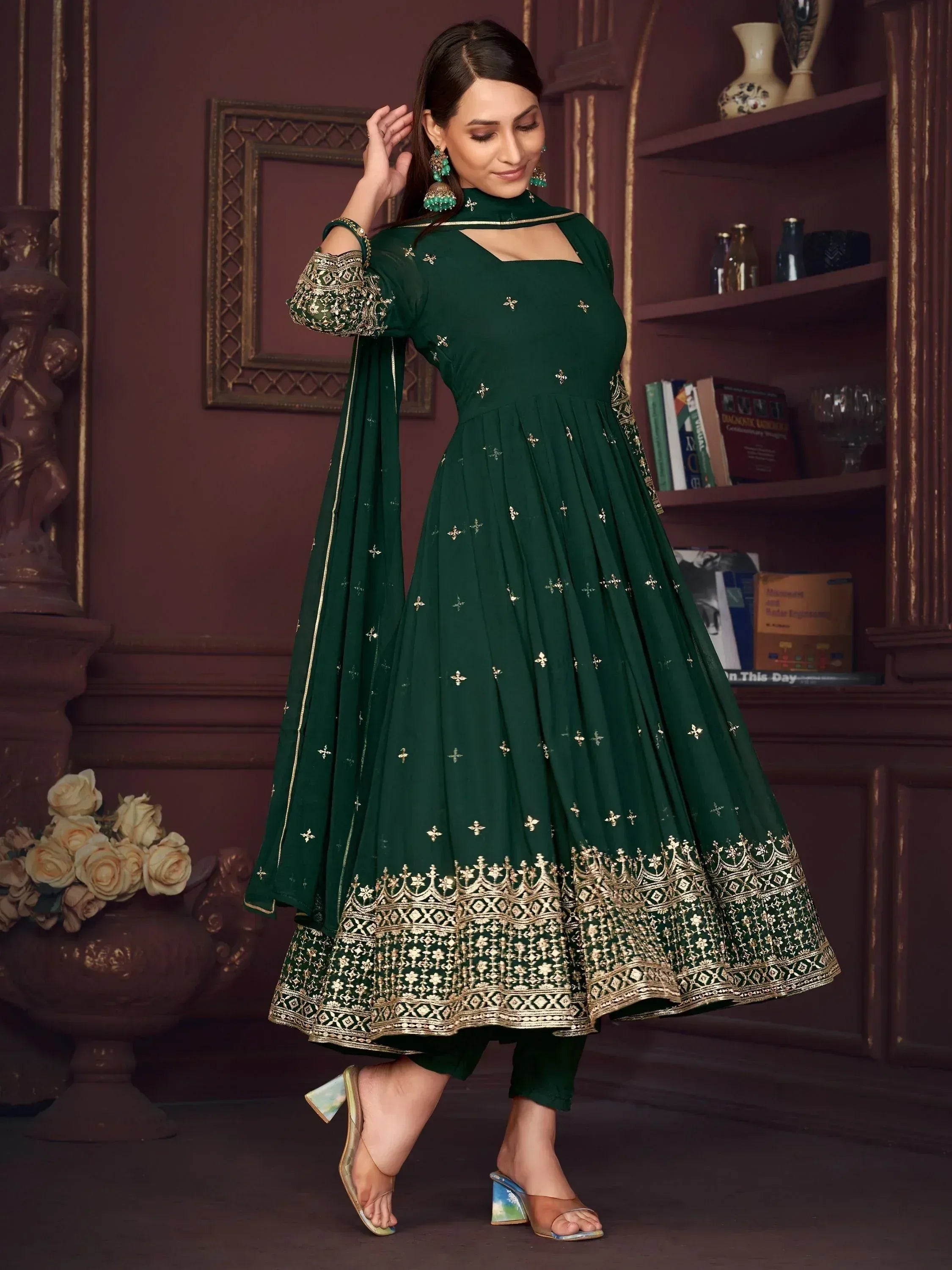Emerald green anarkali with gold embroidery, perfect for Indian ethnic wear and festive occasions