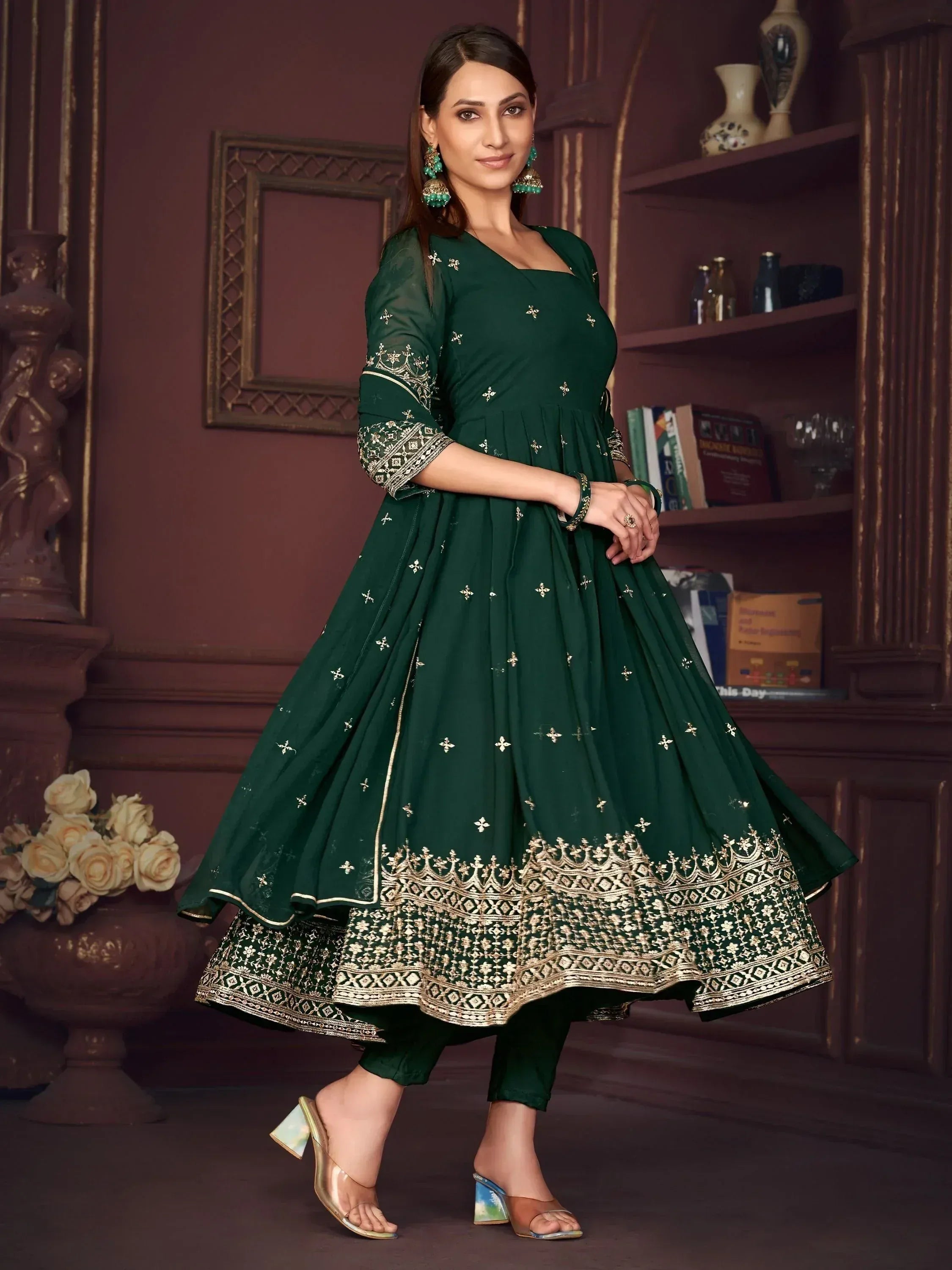 Emerald green anarkali with gold embroidery, perfect for Indian ethnic wear occasions