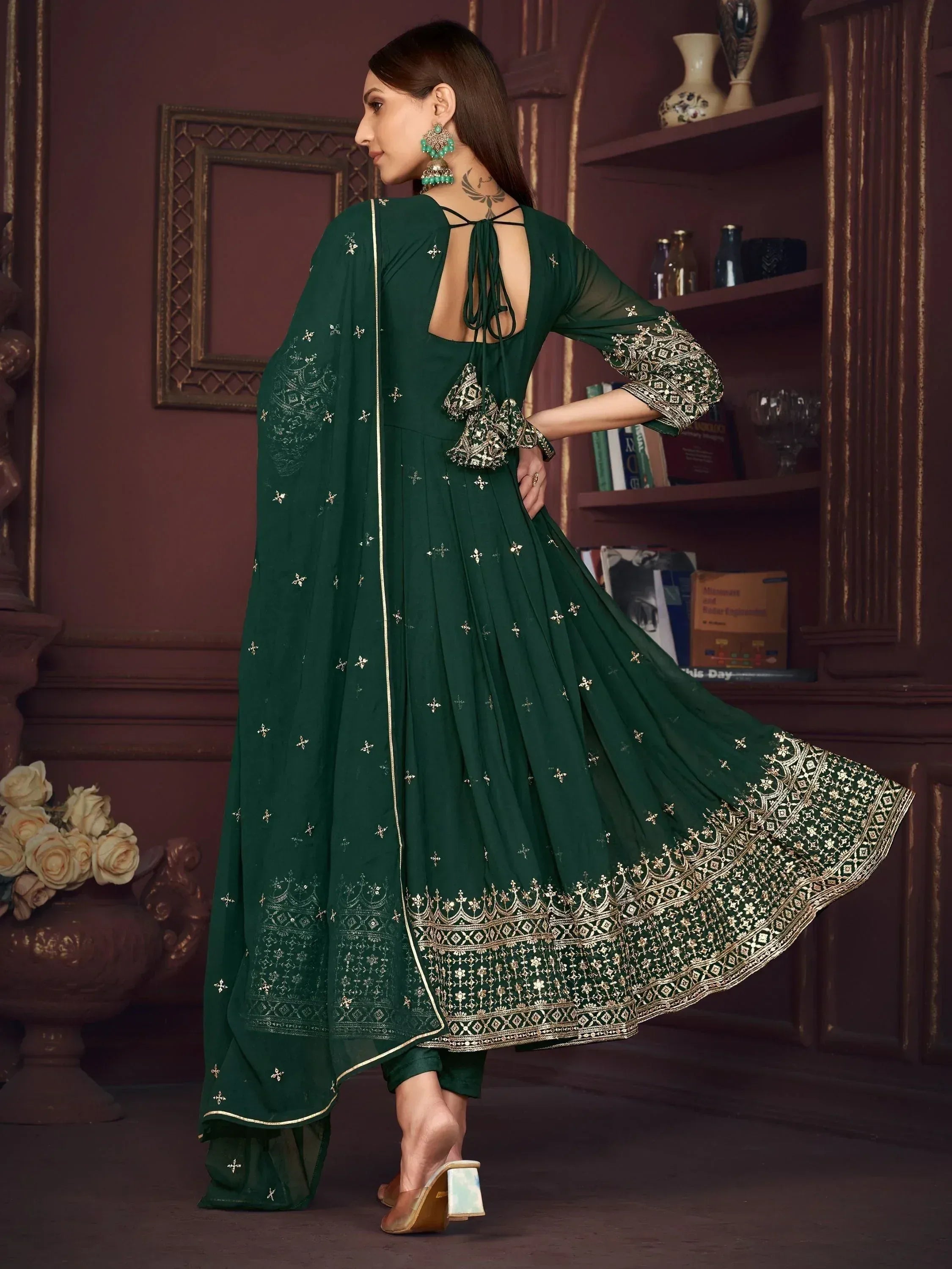 Emerald green embroidered anarkali suit with gold detailing, back tie, and matching dupatta for Indian ethnic wear