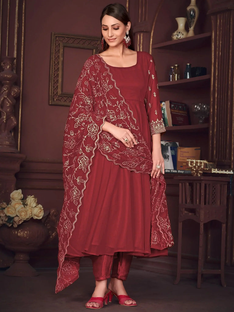 Attractive Maroon Embroidered Georgette Function Wear Anarkali Suit