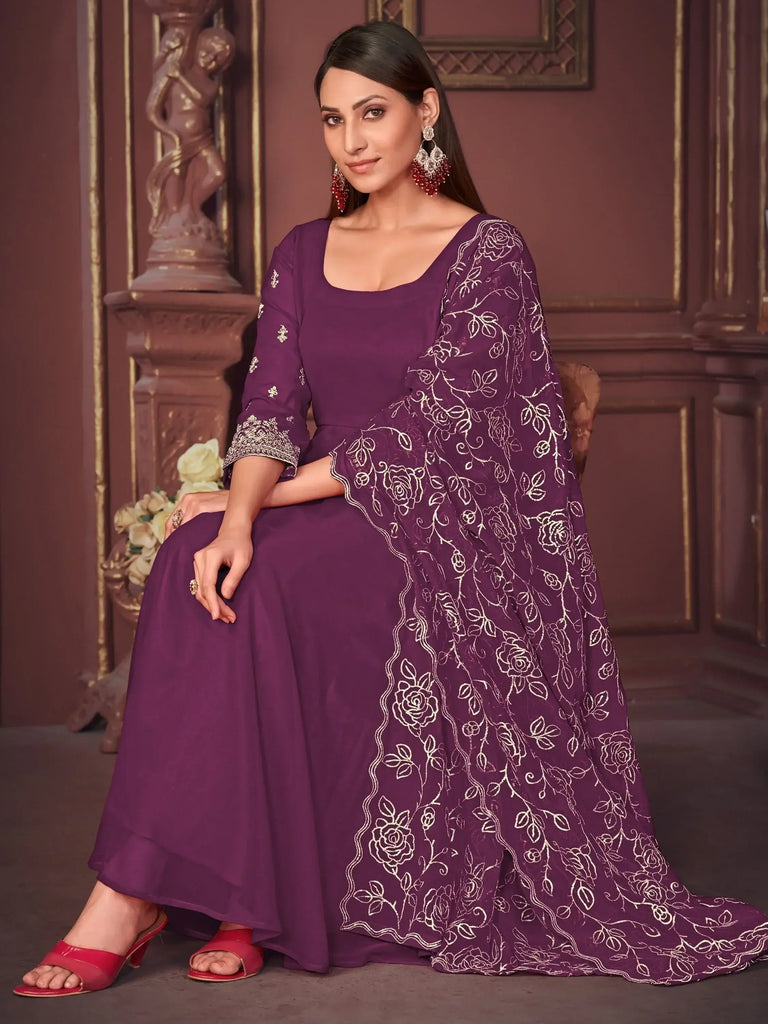 Alluring Purple Embroidered Georgette Reception Wear Anarkali Suit