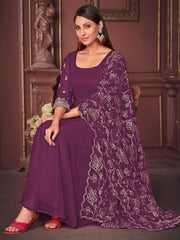 Alluring Purple Embroidered Georgette Reception Wear Anarkali Suit