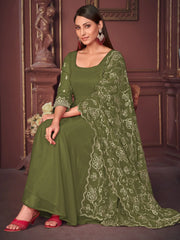 Fascinating Green Embroidered Georgette Mehendi Wear Anarkali Suit