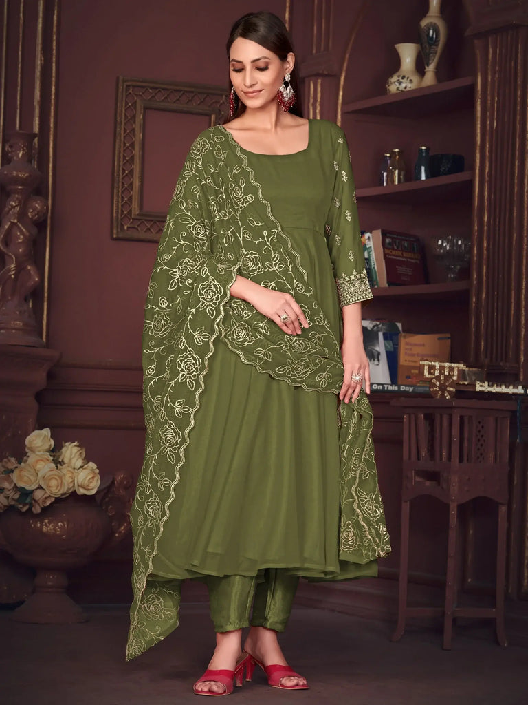 Fascinating Green Embroidered Georgette Mehendi Wear Anarkali Suit