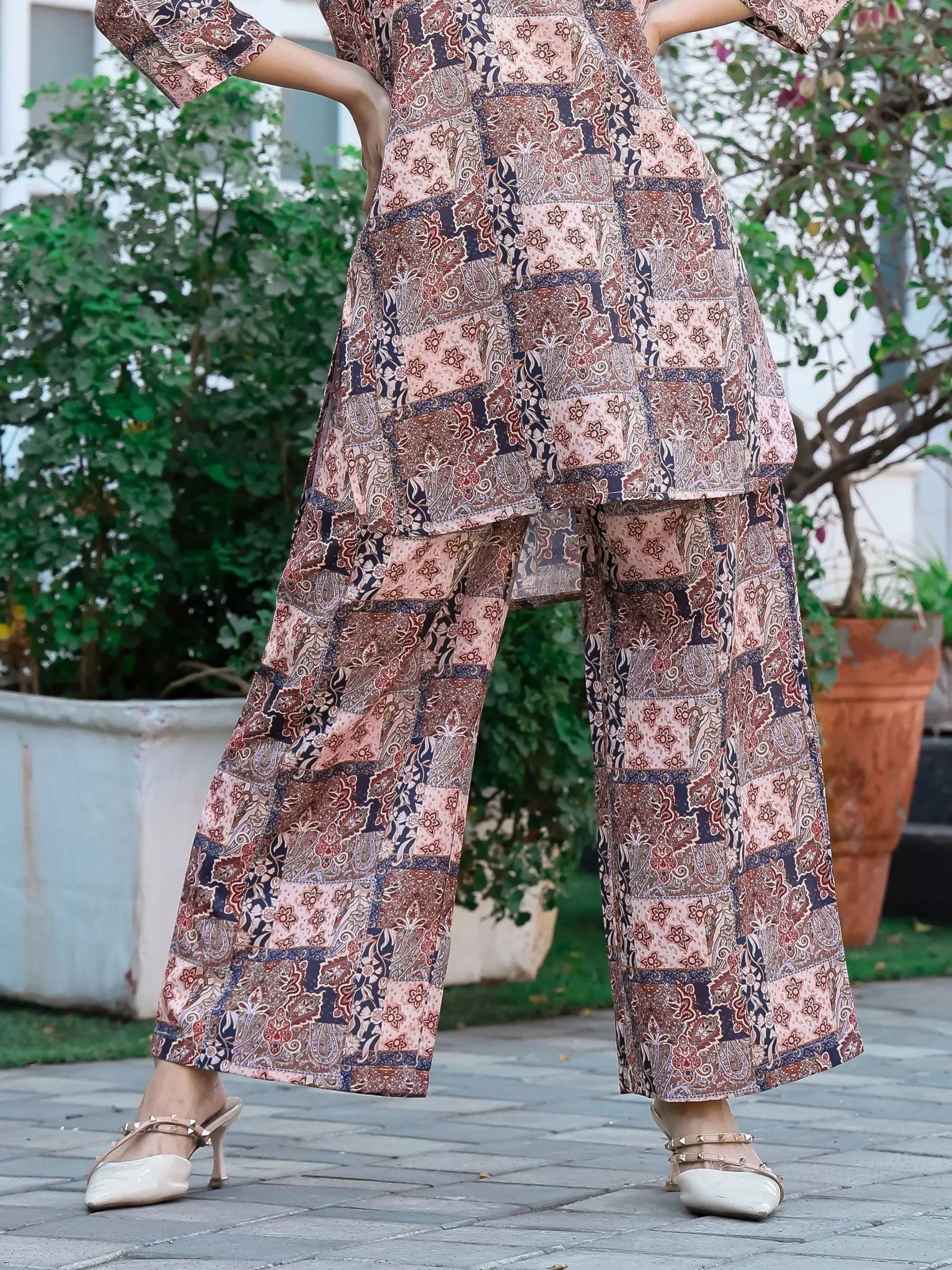 Ethnic printed kurta with palazzo pants, floral patchwork design, stylish Indian wear