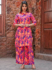 Adorable Purple Printed Cotton Festival Wear Top Palazzo Co-Ord Set