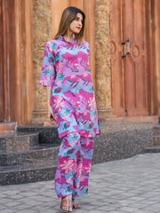 Lovely Sky-Blue & Pink Digital Printed Cotton Top Palazzo Co-Ord Set
