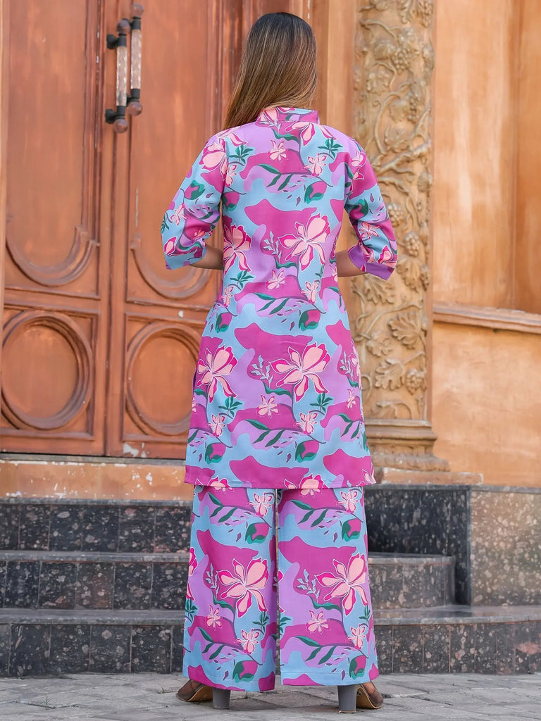 Lovely Sky-Blue & Pink Digital Printed Cotton Top Palazzo Co-Ord Set