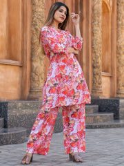 Mesmerizing White Printed Cotton Event Wear Top Palazzo Co-Ord Set