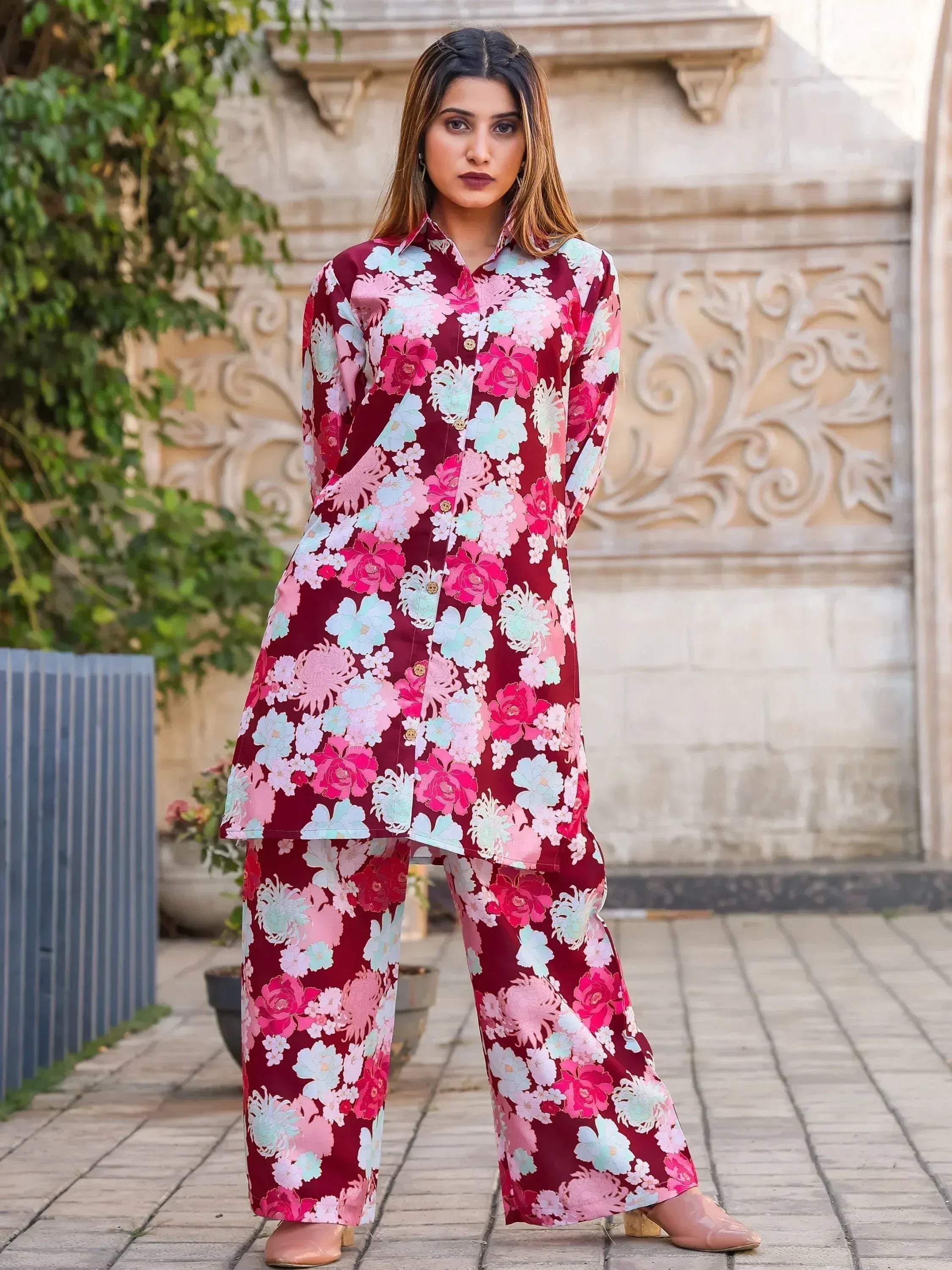 Floral print maroon salwar kameez with wide pants, ethnic Indian wear for women