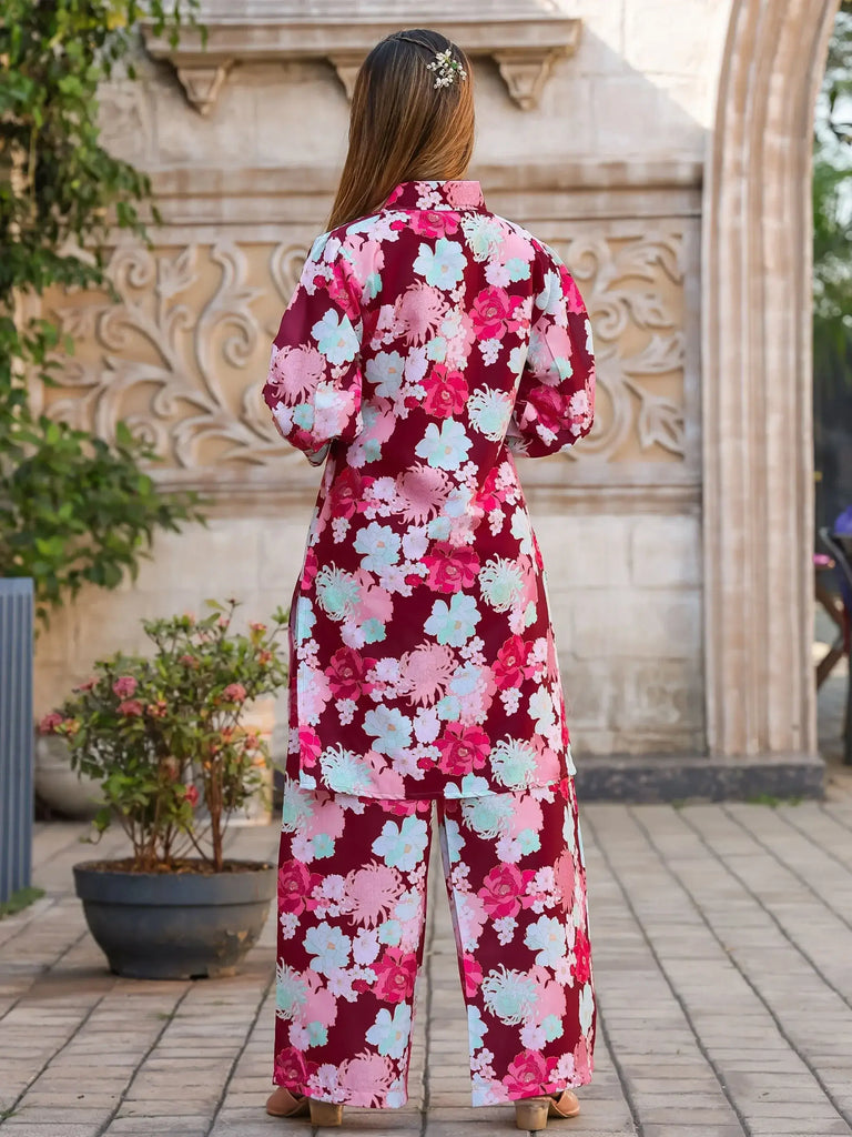 Gorgeous Maroon Floral Printed Cotton Top Palazzo Co-Ord Set