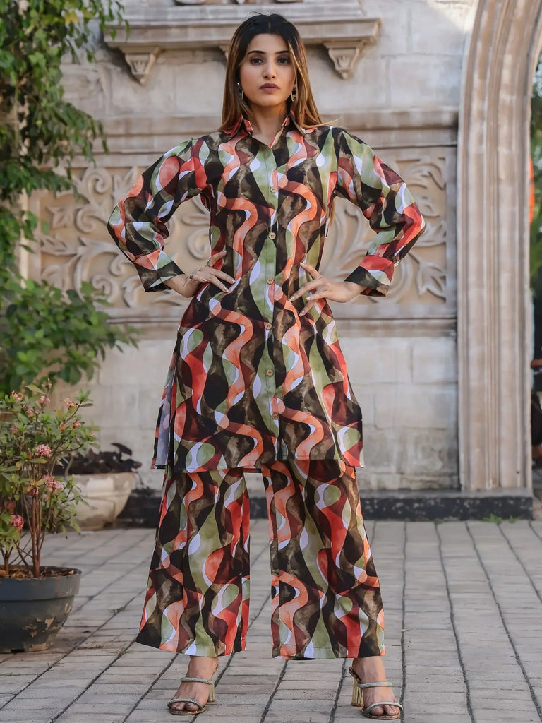Alluring Multi-Color Printed Cotton Event Wear Top Palazzo Co-Ord Set