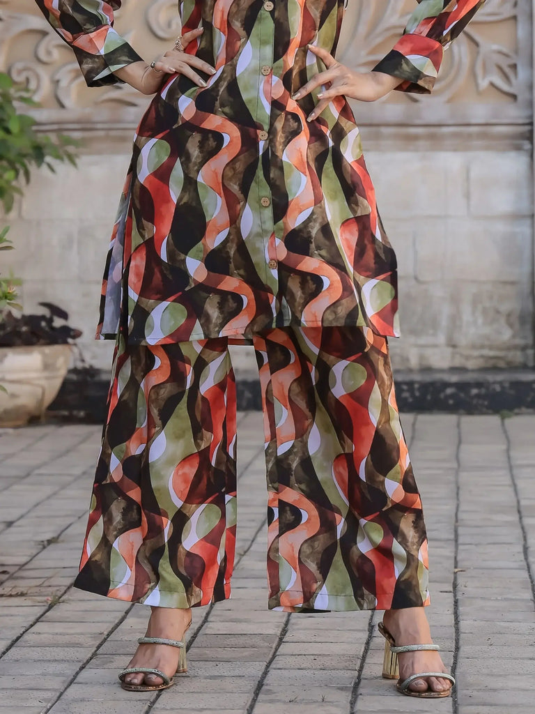 Alluring Multi-Color Printed Cotton Event Wear Top Palazzo Co-Ord Set