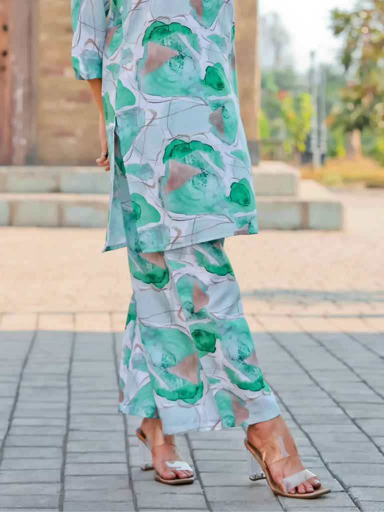 Glamorous White Printed Cotton Casual Wear Top Palazzo Co-Ord Set