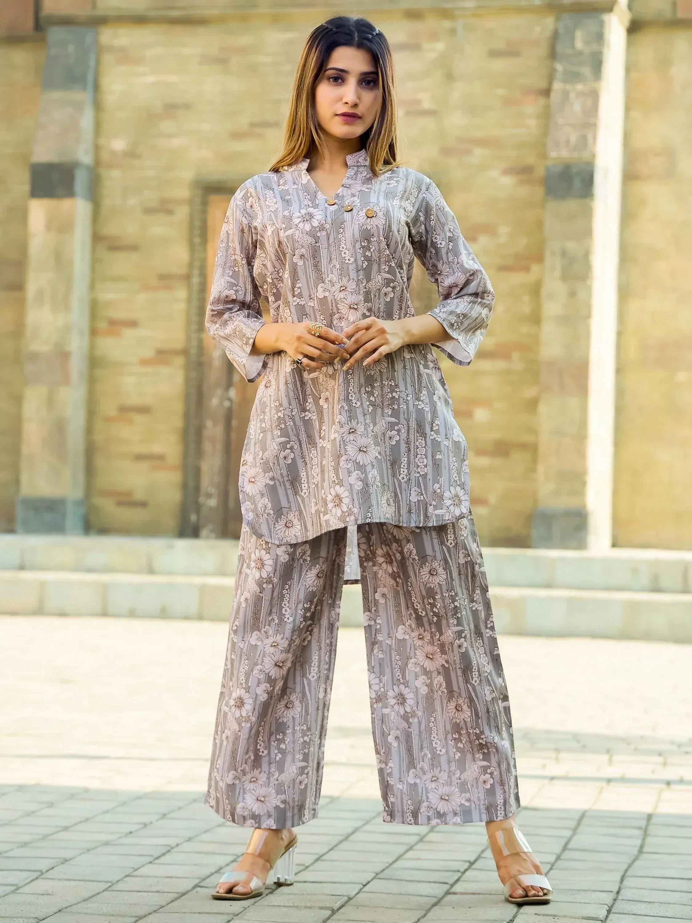 Floral print ethnic salwar kameez with wide-leg pants, perfect for casual Indian wear