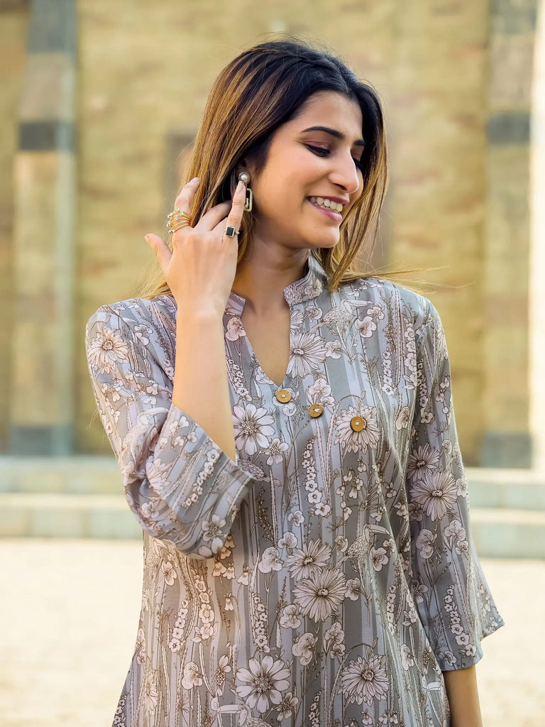 Charming Grey Floral Printed Cotton Top Palazzo Co-Ord Set