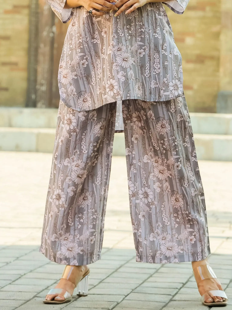 Charming Grey Floral Printed Cotton Top Palazzo Co-Ord Set