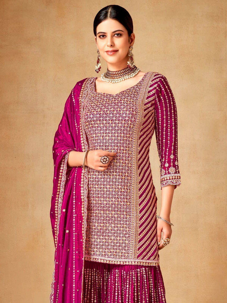 Charming Pink Sequins Chinon Wedding Wear Sharara Suit With Dupatta