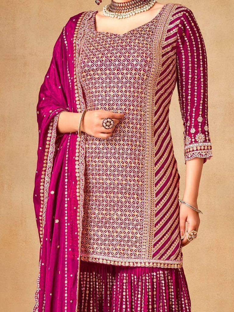 Charming Pink Sequins Chinon Wedding Wear Sharara Suit With Dupatta