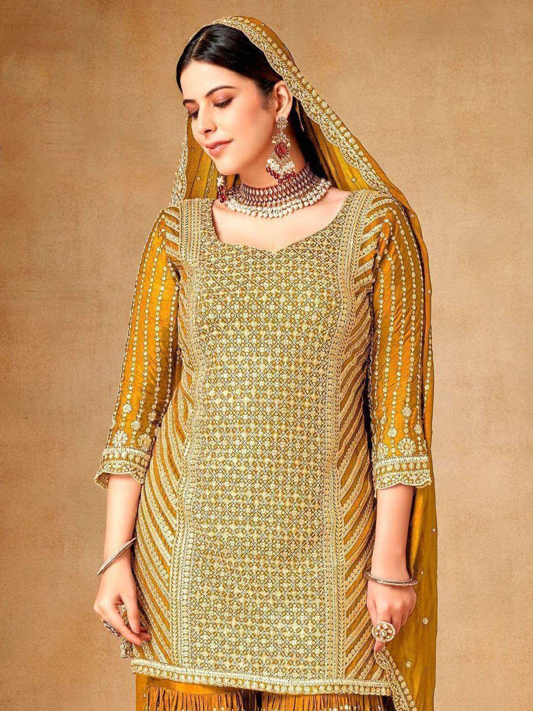 Fascinating Mustard Yellow Sequins Chinon Sharara Suit With Dupatta
